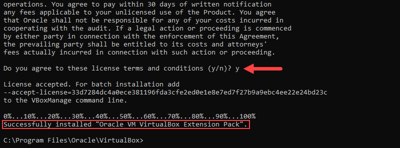 Accepting the Oracle license agreement and installing the VirtualBox extension pack on Windows.