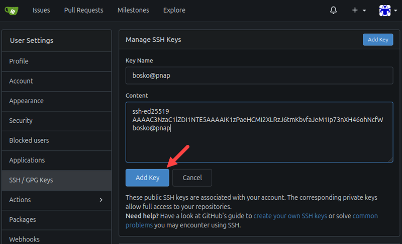 Adding an SSH key to the list of authorized SSH keys in Gitea.