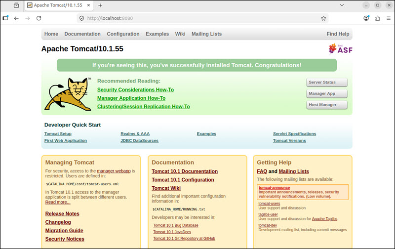 The Apache Tomcat Web Interface splash page.