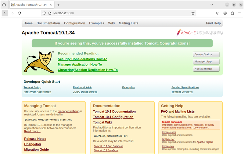 The Apache Tomcat Web Interface splash page.