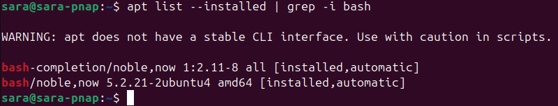 apt list --installed | grep -i bash terminal output