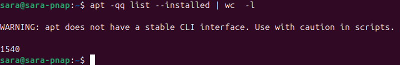 apt -qq list --installed | wc -l terminal output