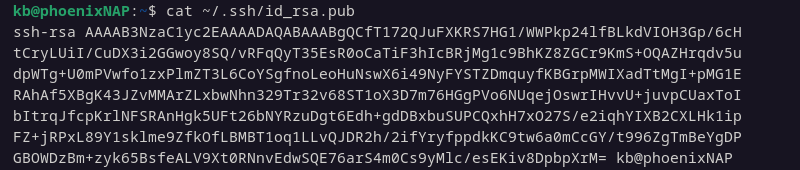 Display SSH key generated on Debian using the cat command.