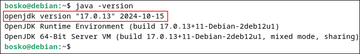 Checking the Java version on Debian to verify proper installation.