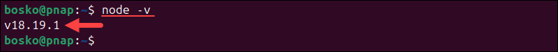 Checking the Node.js version in Ubuntu.
