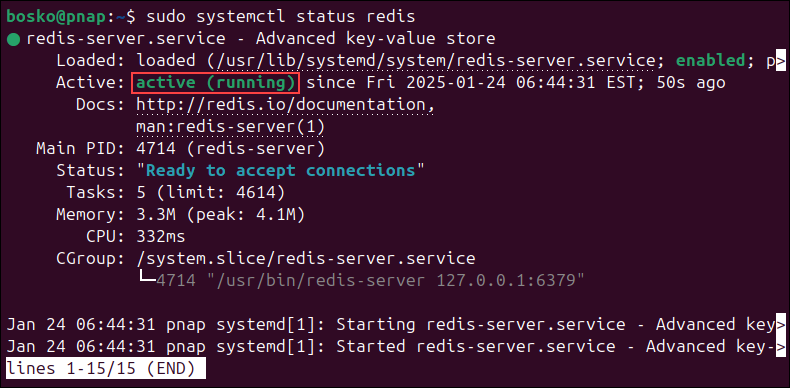 Checking the Redis service status in Ubuntu.