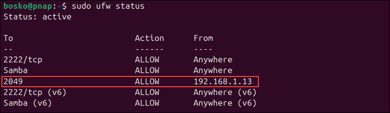 Checking UFW firewall status to confirm the clients can access NFS.