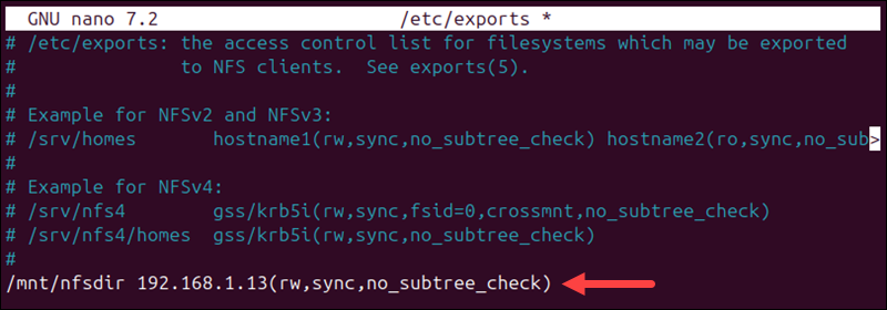 Editing the /etc/exports file with nano to grant access to clients.