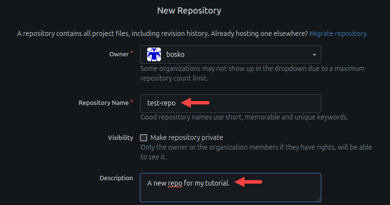 Creating a new repo in Gitea.