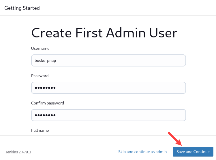 Creating the first admin user in Jenkins.