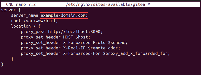 Editing the gitea configuration file in the Nginx sites-available directory.