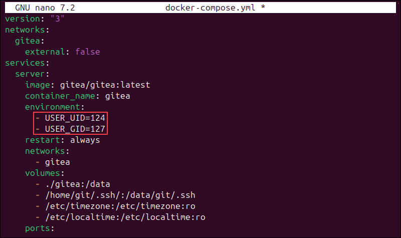 Editing the docker-compose file in nano.