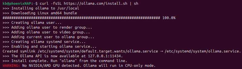 curl download ollama and run script terminal output