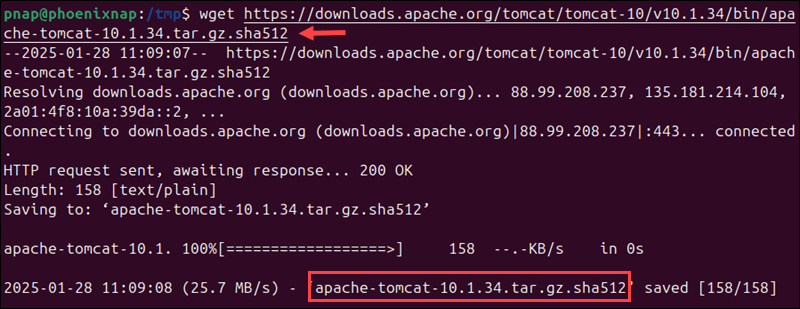 Downloading the Tomcat checksum file using wget.