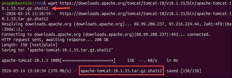 Downloading the Tomcat checksum file using wget.