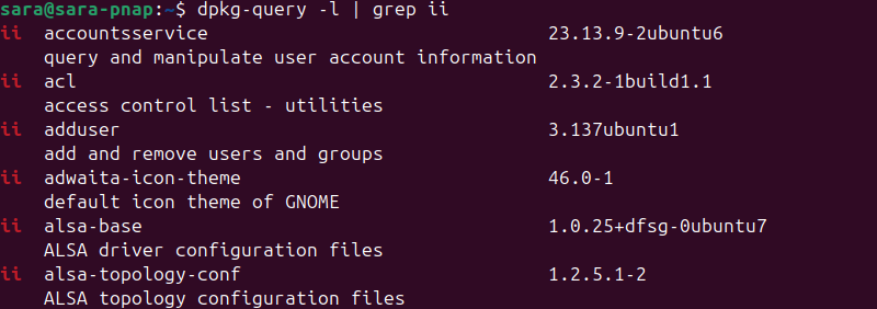 dpkg-query -l | grep ii terminal output