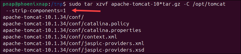 Extracting the Tomcat binary file in Ubuntu.