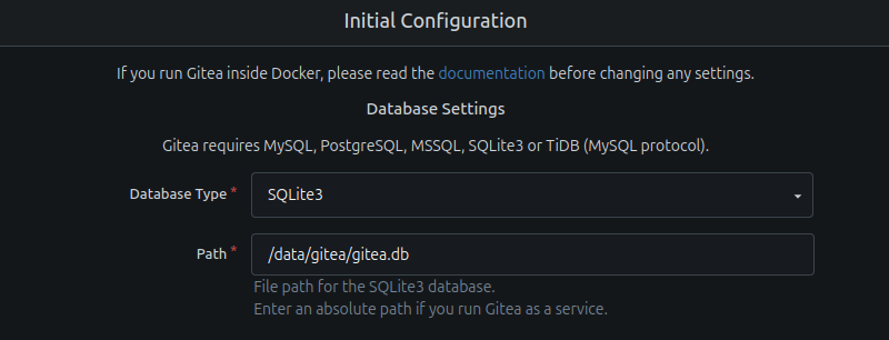 The Initial Configuration page in Gitea that specifies the database type and path.