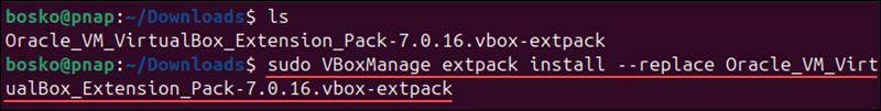 Installing the VirtualBox extension pack on Linux.