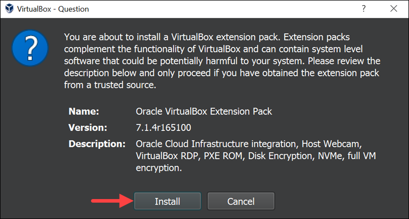 Installing VirtualBox extension pack prompt.