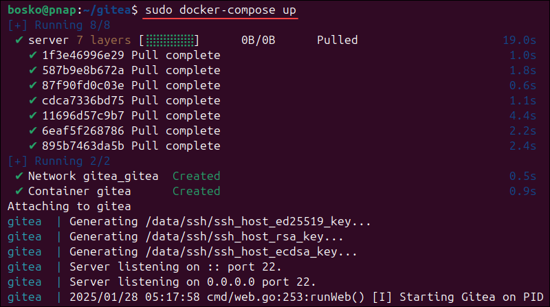 Creating and running a Gitea container with docker-compose.