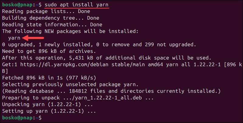 Install Yarn from the official Ubuntu repository.