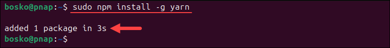 Example of using NPM to install Yarn on Ubuntu.