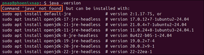 Message that indicates that Java is not installed on Ubuntu.