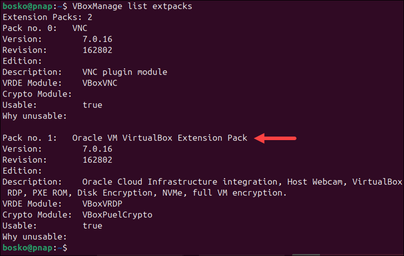 Listing installed extensions in VirtualBox.