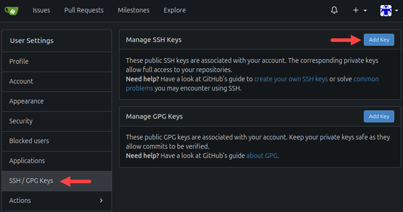 Adding a new SSH key to Gitea.