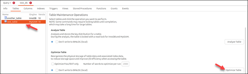 MySQL Workbench Optimize Table button