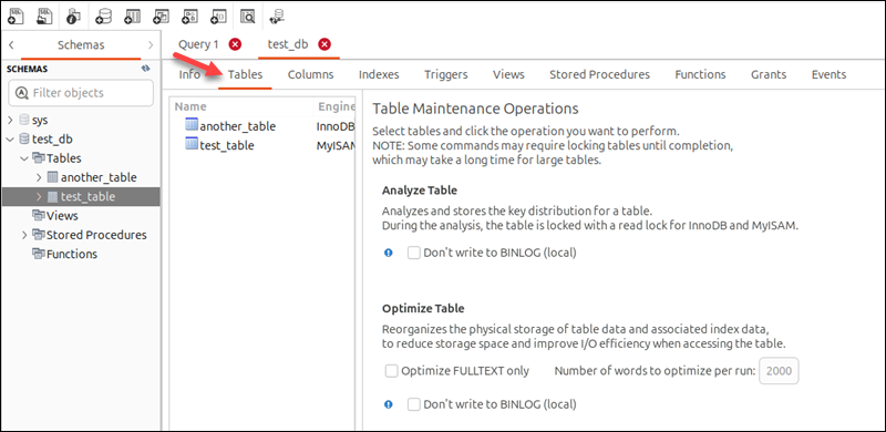 MySQL Workbench table maintenance tables tab