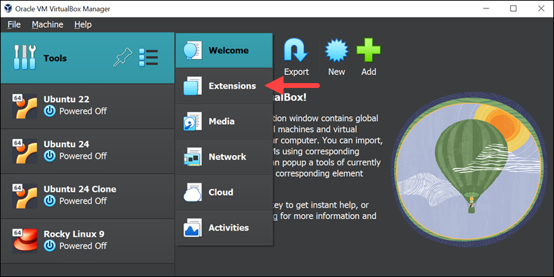 Opening the Extensions menu in VirutalBox.