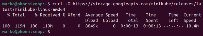 Downloading the Minikube binary with the curl command.