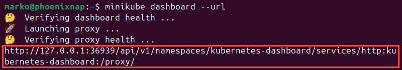 Obtaining a URL to a Minikube dashboard instance.