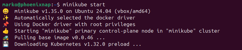 Minikube initialization and pulling of the latest Kubernetes image.