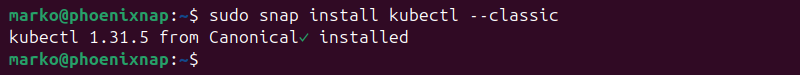 Installing kubectl via Snap.