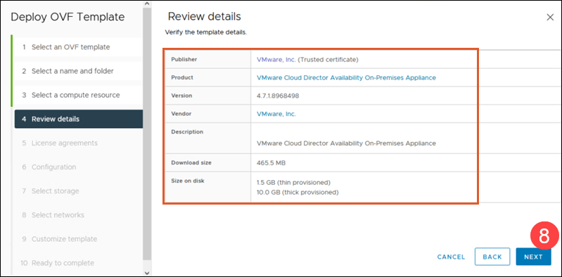 Verify OVF template details.