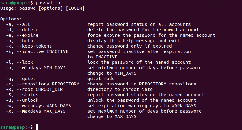 passwd -h terminal output