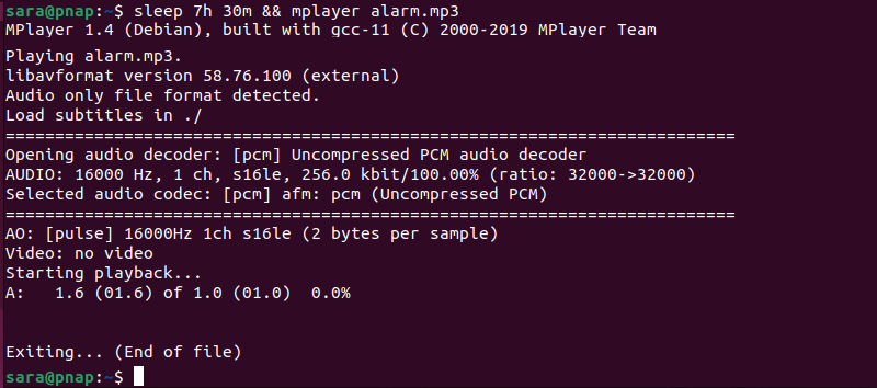playing alarm.mp3 terminal output