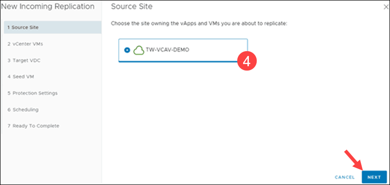 Select the on-prem site that owns the VMs to replicate.