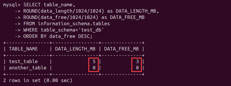 SELECT data_length and data_free in MB output