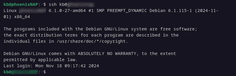 ssh remote server debian terminal output