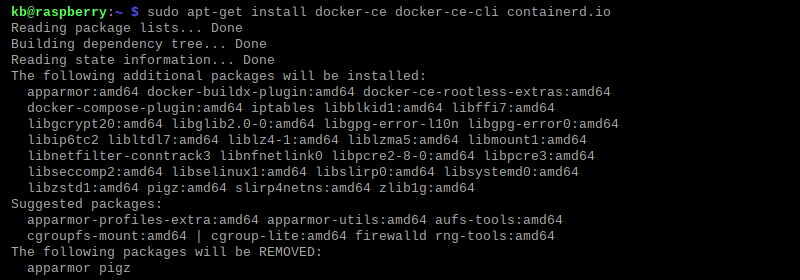 sudo apt install docker-ce docker-ce-cli containerd.io terminal output