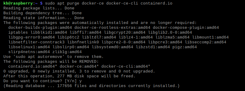 sudo apt purge docker-ce docker-ce-cli containerd.io terminal output