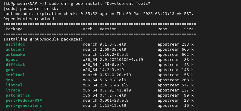 sudo dnf group install development tools terminal output