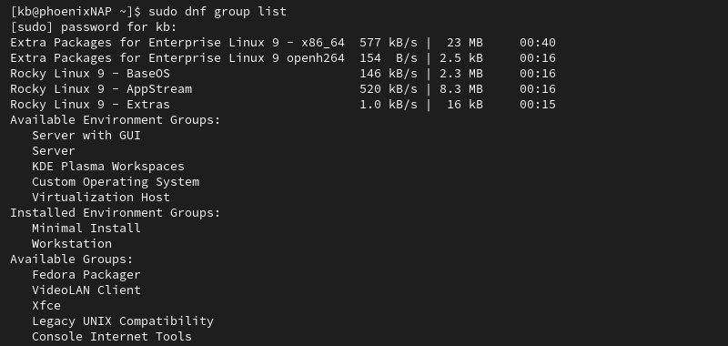 sudo dnf group list terminal output