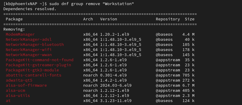 sudo dnf group remove workstation terminal output