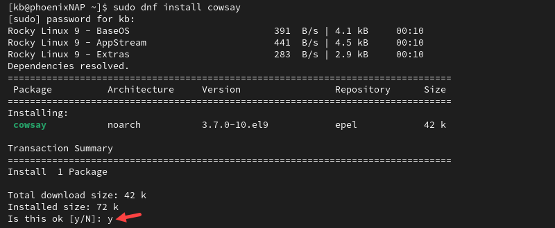 sudo dnf install cowsay terminal output