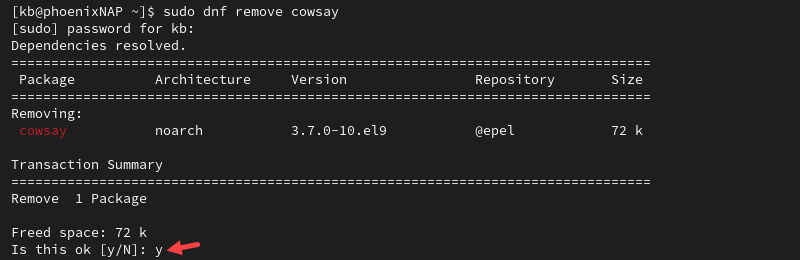 sudo dnf remove cowsay terminal output